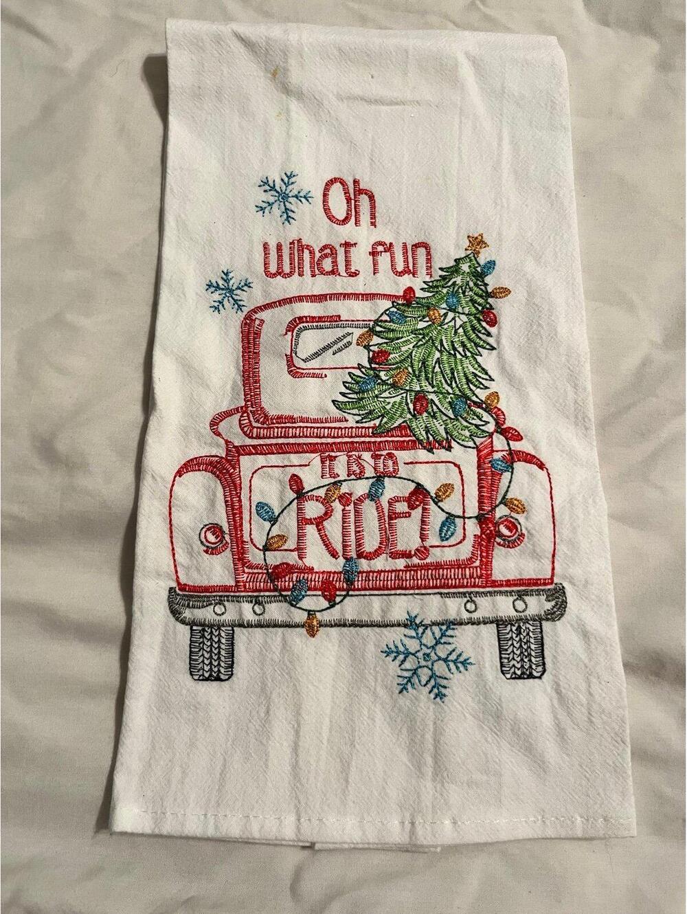 Kitchen Towel Cotton Flour Sack Embroidered "Oh What Fun It Is To Ride " Truck